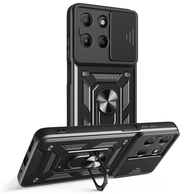 For Motorola Moto G15 4G Case with Slide Camera Lid PC + TPU Kickstand Phone Cover - Black