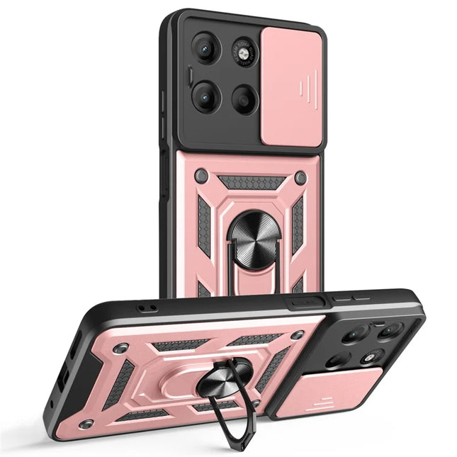 For Motorola Moto G15 4G Case with Slide Camera Lid PC + TPU Kickstand Phone Cover - Rose Gold