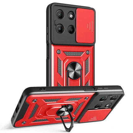 For Motorola Moto G15 4G Case with Slide Camera Lid PC + TPU Kickstand Phone Cover - Red