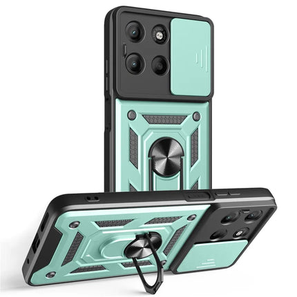 For Motorola Moto G15 4G Case with Slide Camera Lid PC + TPU Kickstand Phone Cover - Green