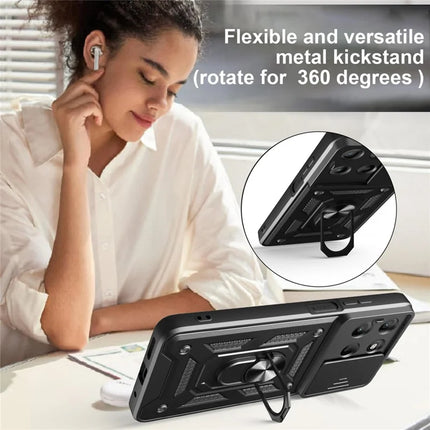 For Motorola Moto G15 4G Case with Slide Camera Lid PC + TPU Kickstand Phone Cover
