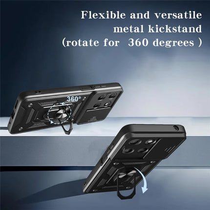 For Motorola Moto G15 4G Case with Slide Camera Lid PC + TPU Kickstand Phone Cover