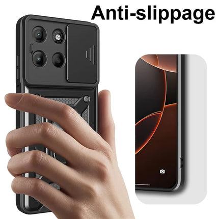 For Motorola Moto G15 4G Case with Slide Camera Lid PC + TPU Kickstand Phone Cover