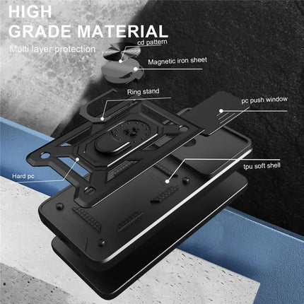 For Motorola Moto G15 4G Case with Slide Camera Lid PC + TPU Kickstand Phone Cover