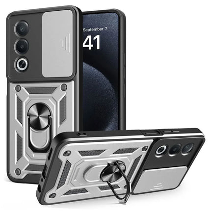 For Oppo A3 Pro (India) 5G  /  A80 5G Case with Slide Camera Lid PC + TPU Kickstand Phone Cover - Silver