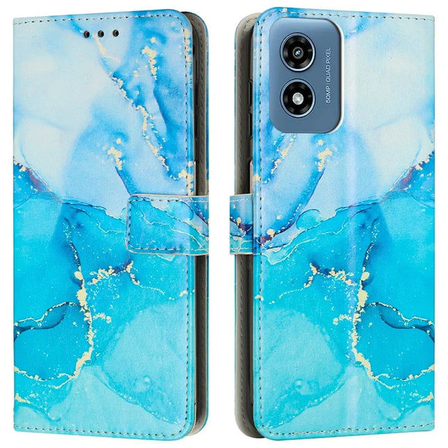 Stand Case for Motorola Moto G04s 4G / G04 4G / G24 4G / E14 4G Marble Pattern PU Leather Wallet Phone Cover - Blue  /  Green