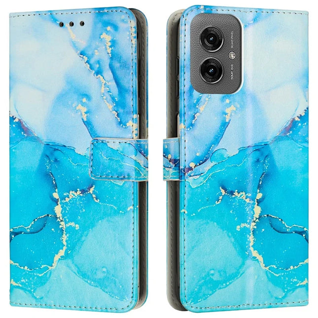 For Motorola Moto G55 5G Stand Case Marble Pattern PU Leather Wallet Phone Cover - Blue  /  Green