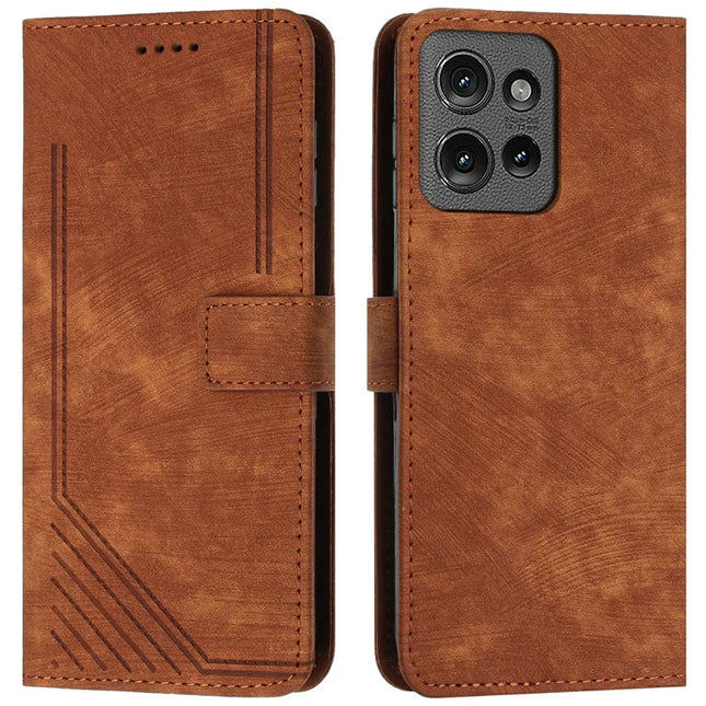 Leather Case for Motorola Moto G Power (2025) / G Play (2025) 4G Imprinted Lines Stand Phone Cover - Brown