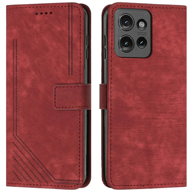 Leather Case for Motorola Moto G Power (2025) / G Play (2025) 4G Imprinted Lines Stand Phone Cover - Red