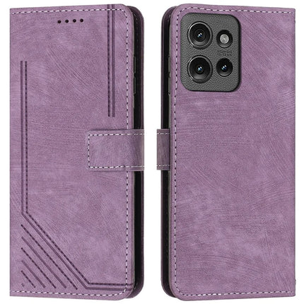 Leather Case for Motorola Moto G Power (2025) / G Play (2025) 4G Imprinted Lines Stand Phone Cover - Purple