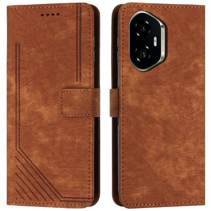 For Honor 300 Case Imprinted Lines Leather Phone Cover Folding Stand - Brown