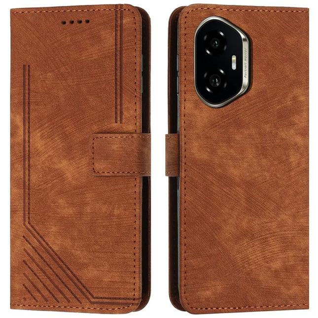 For Honor 300 Case Imprinted Lines Leather Phone Cover Folding Stand - Brown