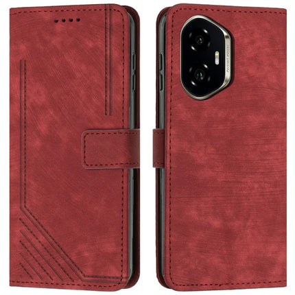 For Honor 300 Case Imprinted Lines Leather Phone Cover Folding Stand - Red