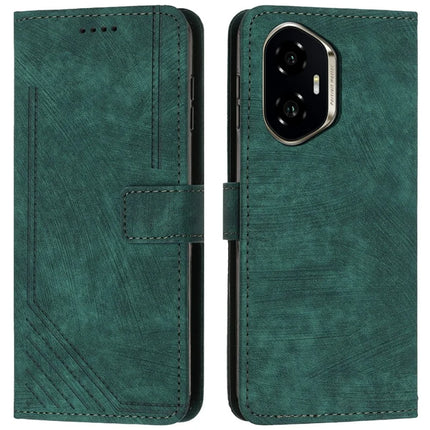 For Honor 300 Case Imprinted Lines Leather Phone Cover Folding Stand - Green