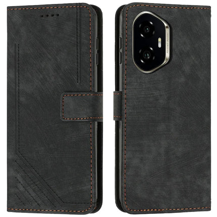 For Honor 300 Case Imprinted Lines Leather Phone Cover Folding Stand - Black