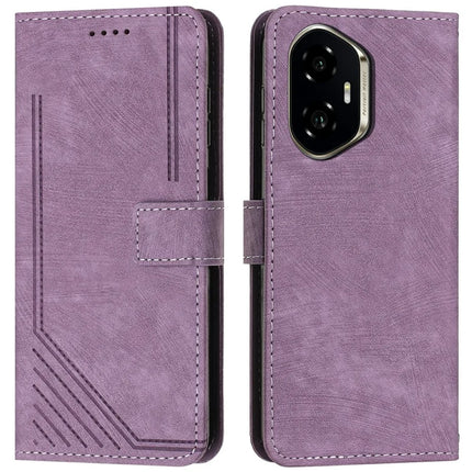For Honor 300 Case Imprinted Lines Leather Phone Cover Folding Stand - Purple