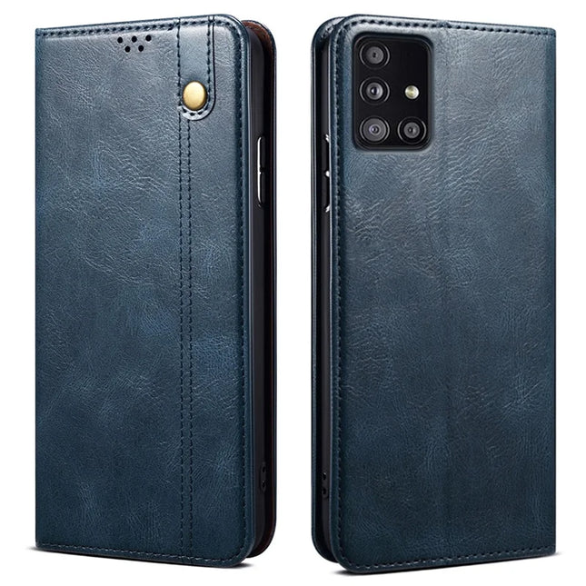 For Samsung Galaxy A21s Case Crazy Horse Texture Waxy Leather Wallet Stand Phone Cover - Blue