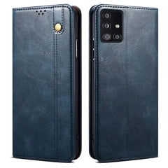 For Samsung Galaxy A51 5G Case Crazy Horse Texture Waxy Leather Wallet Stand Phone Cover - Blue
