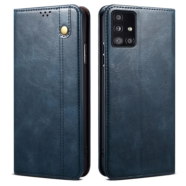 For Samsung Galaxy A51 5G Case Crazy Horse Texture Waxy Leather Wallet Stand Phone Cover - Blue