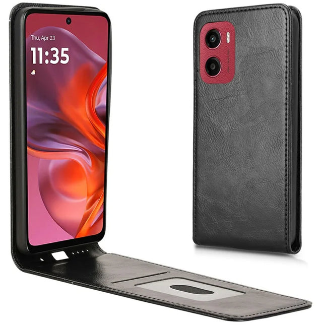 For Motorola Moto G05 4G  /  E15 4G Case with Card Slot Magnetic Vertical Flip Leather Phone Cover - Black