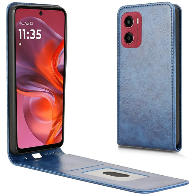 For Motorola Moto G05 4G  /  E15 4G Case with Card Slot Magnetic Vertical Flip Leather Phone Cover - Dark Blue