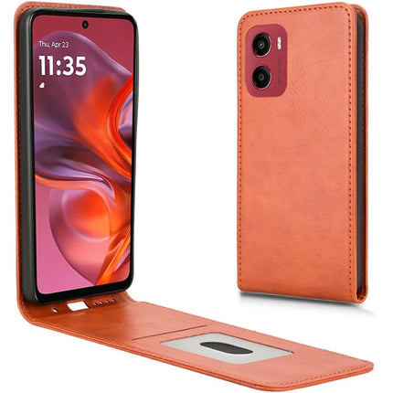 For Motorola Moto G05 4G  /  E15 4G Case with Card Slot Magnetic Vertical Flip Leather Phone Cover - Orange