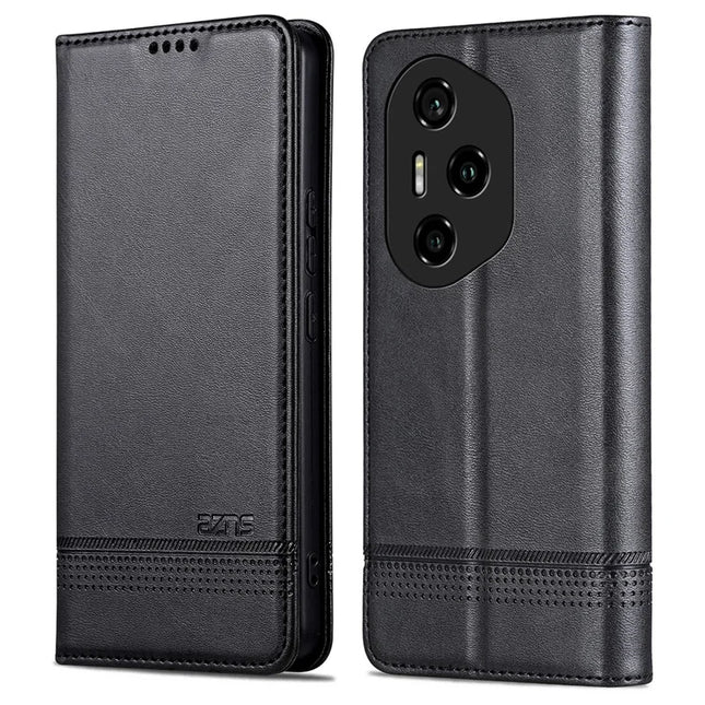 AZNS For Honor 300 Pro Case Cowhide Texture PU Leather Wallet Phone Cover - Black