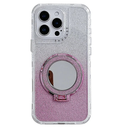 For iPhone 16 Pro Max Case Magnetic Kickstand TPU + PC Glitter Phone Cover with Mirror - Pink