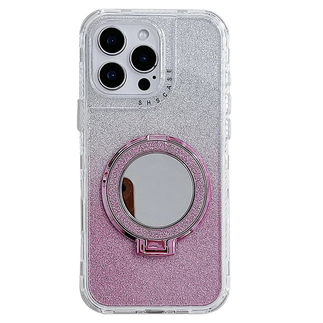 For iPhone 16 Pro Max Case Magnetic Kickstand TPU + PC Glitter Phone Cover with Mirror - Pink