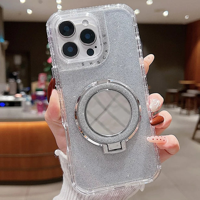 For iPhone 16 Pro Max Case Magnetic Kickstand TPU + PC Glitter Phone Cover with Mirror - Silver