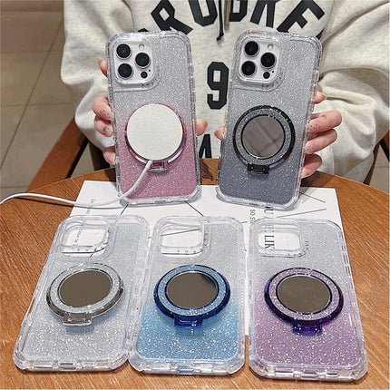 For iPhone 16 Pro Max Case Magnetic Kickstand TPU + PC Glitter Phone Cover with Mirror