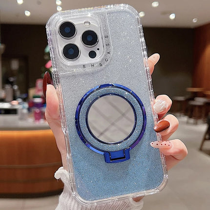 For iPhone 16 Pro Max Case Magnetic Kickstand TPU + PC Glitter Phone Cover with Mirror - Blue