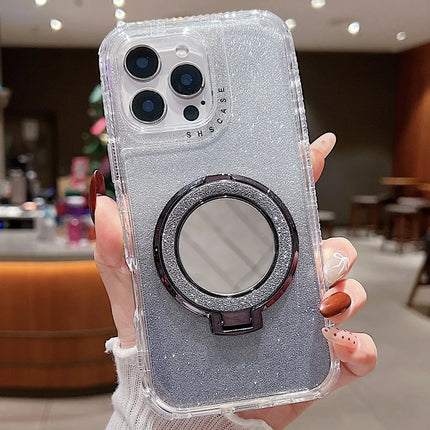 For iPhone 16 Pro Max Case Magnetic Kickstand TPU + PC Glitter Phone Cover with Mirror - Grey