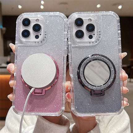 For iPhone 16 Pro Max Case Magnetic Kickstand TPU + PC Glitter Phone Cover with Mirror