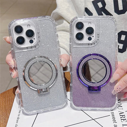 For iPhone 16 Pro Max Case Magnetic Kickstand TPU + PC Glitter Phone Cover with Mirror