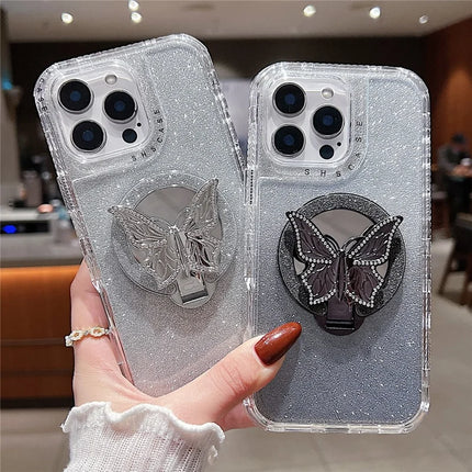For iPhone 16 Pro Magnetic Case Butterfly Kickstand TPU + PC Glitter Phone Cover with Mirror