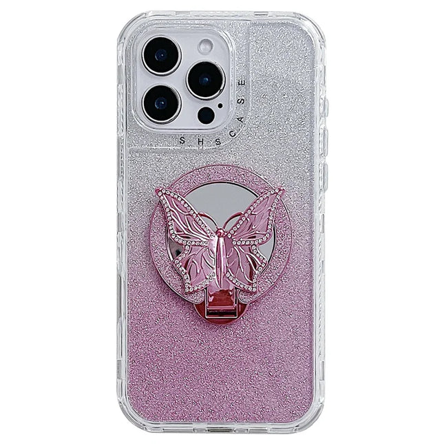 For iPhone 16 Pro Max Magnetic Case Butterfly Kickstand TPU + PC Glitter Phone Cover with Mirror - Pink