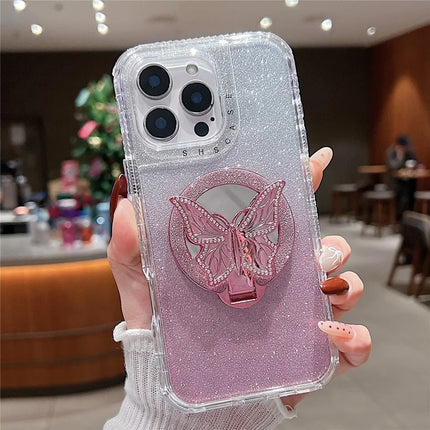 For iPhone 16 Pro Max Magnetic Case Butterfly Kickstand TPU + PC Glitter Phone Cover with Mirror