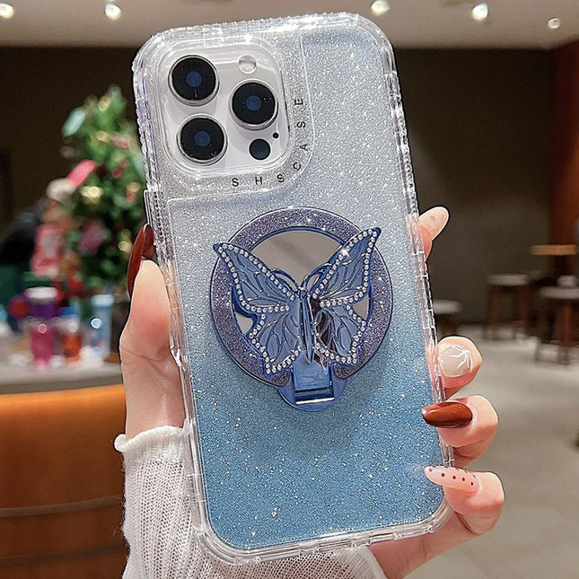 For iPhone 16 Pro Max Magnetic Case Butterfly Kickstand TPU + PC Glitter Phone Cover with Mirror - Blue