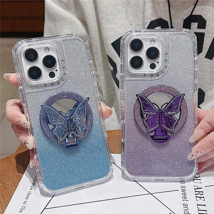 For iPhone 16 Pro Max Magnetic Case Butterfly Kickstand TPU + PC Glitter Phone Cover with Mirror