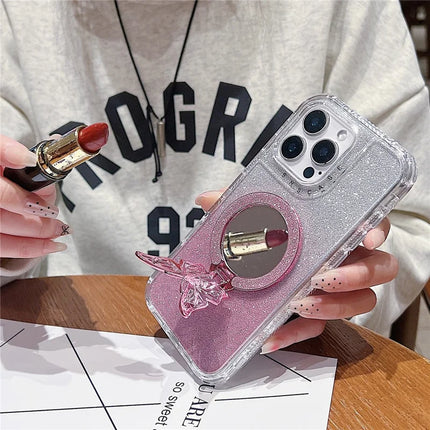 For iPhone 16 Pro Max Magnetic Case Butterfly Kickstand TPU + PC Glitter Phone Cover with Mirror