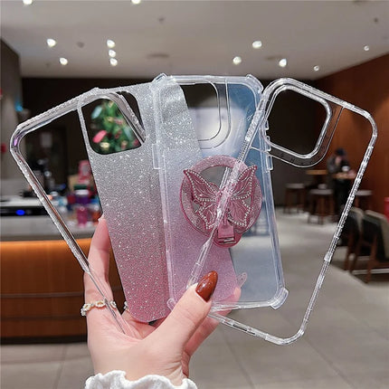 For iPhone 16 Pro Max Magnetic Case Butterfly Kickstand TPU + PC Glitter Phone Cover with Mirror