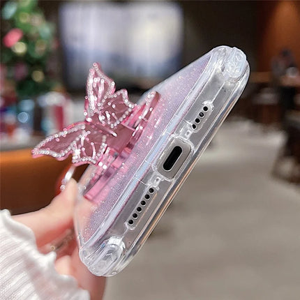 For iPhone 16 Pro Max Magnetic Case Butterfly Kickstand TPU + PC Glitter Phone Cover with Mirror
