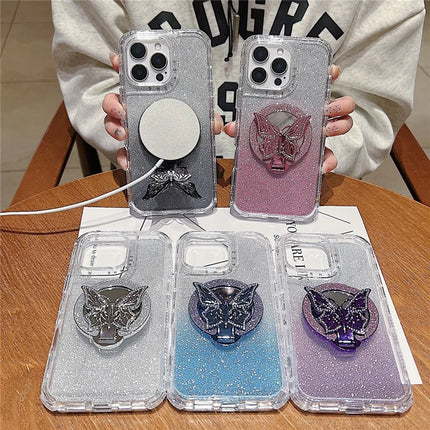 For iPhone 16 Pro Max Magnetic Case Butterfly Kickstand TPU + PC Glitter Phone Cover with Mirror