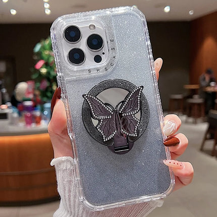For iPhone 16 Pro Max Magnetic Case Butterfly Kickstand TPU + PC Glitter Phone Cover with Mirror - Grey