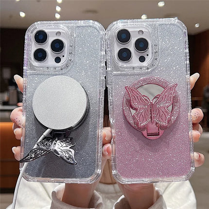 For iPhone 16 Pro Max Magnetic Case Butterfly Kickstand TPU + PC Glitter Phone Cover with Mirror
