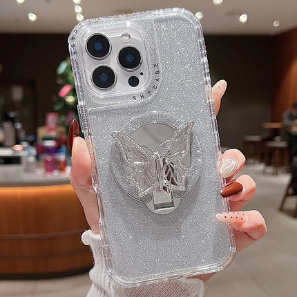 For iPhone 16 Pro Max Magnetic Case Butterfly Kickstand TPU + PC Glitter Phone Cover with Mirror - Silver