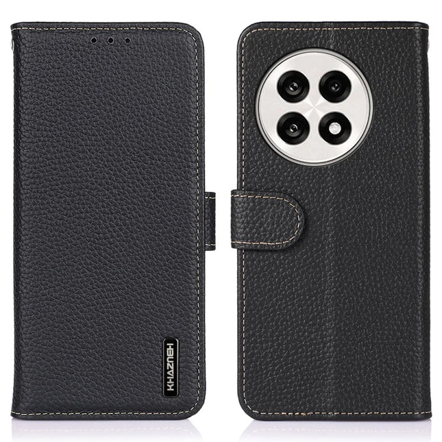 KHAZNEH Phone Case for OnePlus 13R 5G / Ace 5 5G / Ace 5 Pro 5G Genuine Cow Leather Flip Cover - Black