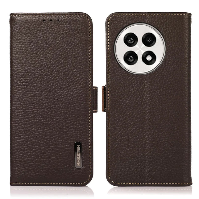 KHAZNEH Phone Case for OnePlus 13R 5G / Ace 5 5G / Ace 5 Pro 5G Genuine Cow Leather Cover RFID Blocking - Brown