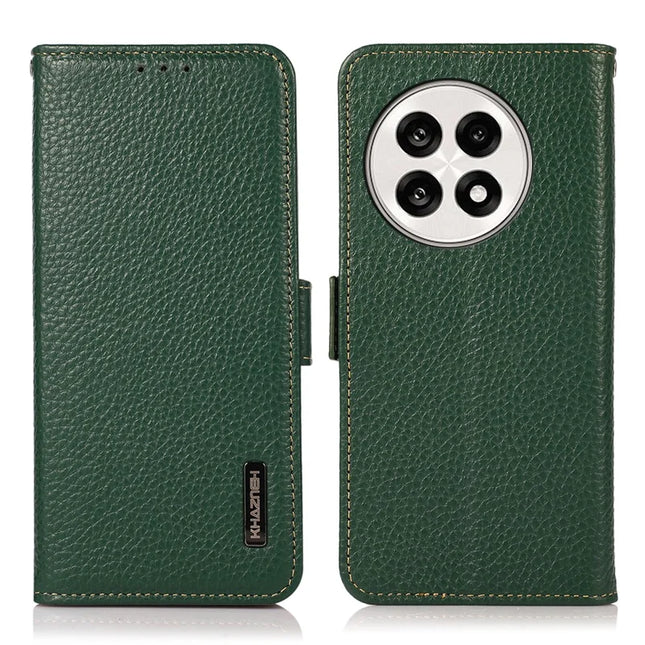 KHAZNEH Phone Case for OnePlus 13R 5G / Ace 5 5G / Ace 5 Pro 5G Genuine Cow Leather Cover RFID Blocking - Green